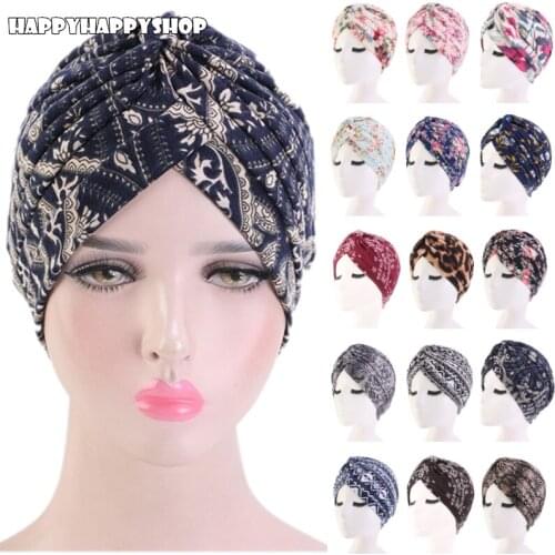 Fashion Printed India Ruffle Turban Women Sleep Chemo Cap Hat Islamic Muslim Head Wrap Scarf Hijab Bandanas Bonnet Lady Headwear