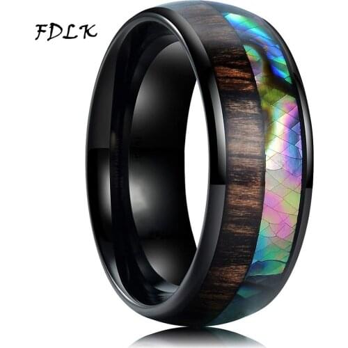 FDLK Hot 8mm Mens Black Stainless Steel Ring Fashion Wood Shell Inlay Engagement Ring For Men Wedding Band Jewelry