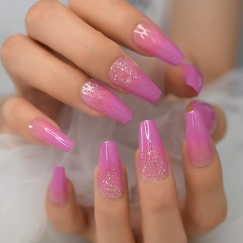 Press On Nails Medium Length Violet Glitter Coffin Ballerina Fake Nails Set Full Cover Gel False Nail Art Women Valse Nagels