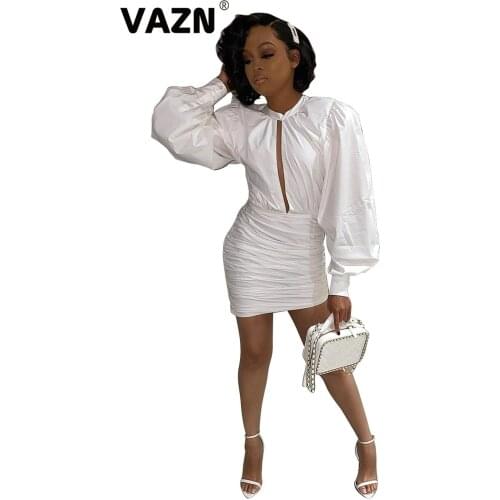VAZN 2020 New Parity White Fresh Sexy Young Hollow Out Top Fashion Full Sleeve Chiffon High Waist Women Thin Mini Dress