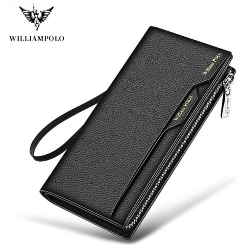 WilliamPolo new style Fashion alloy men genuine leather wallet high capacity card holder purse luxury brand zipper handbags