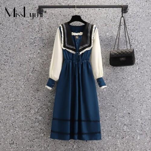 4XL Plus Size Women Elegant Flowers Embroidery Dress Autumn 2021 Ruffle Sailor Collar Party Elastic Waist A-line Midi Wrap Dress