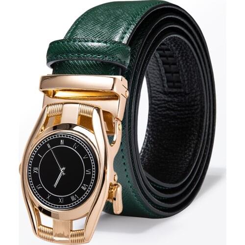 Hi-Tie Cow Genuine Luxury Leather Belt Men Designer Golden Watch Buckle Automatic Male Belt Christmas Green Leather Fashion Belt