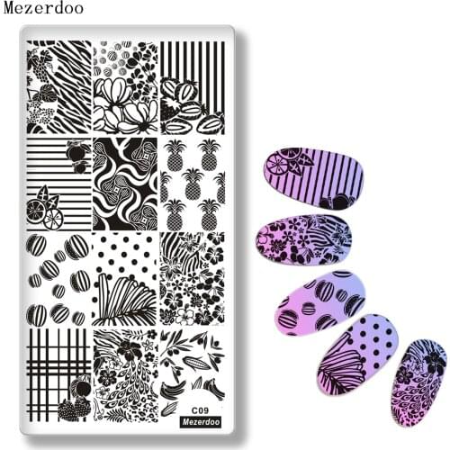 Mezerdoo Fruit Leaf Pattern Stamping Plate Rectangle Nail Art Image Plate Pineapple Geometry Flower Design Stamp Template C09