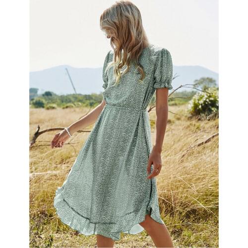 Spring Ladies New Ruffles Dot Print Dress Women Casual O Neck High Waist Lace Up Dress For Women 2021 Fashion Summer Dress