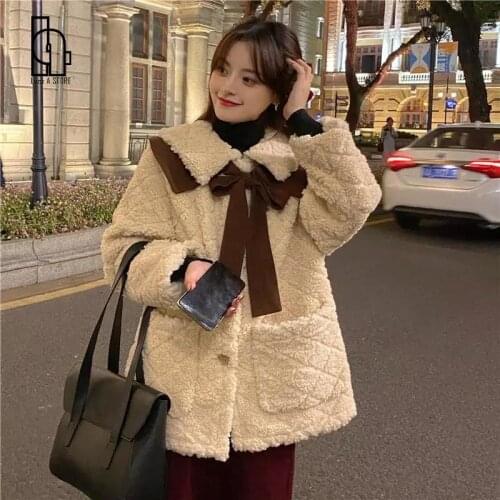 Luck A Women Winter Thick Warm Solid Rhombus Pattern Jacket Female Elegant Bow Faux Fur Coats Lady Single Breasted Outerwear