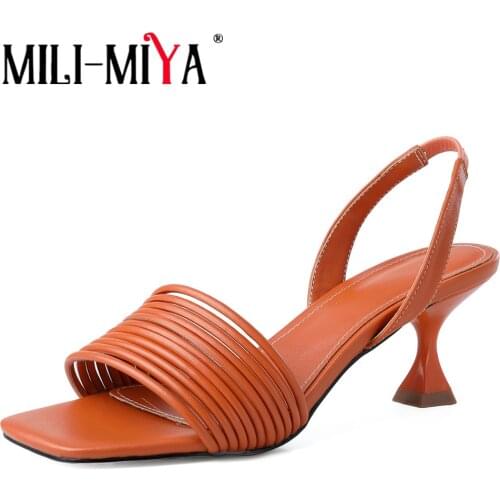 MILI-MIYA Comfy Mid Heels Summer Women Slingback Sandals Square Toe Cow Leather Fashion Narrow Band Shallow Party Casual Shoes
