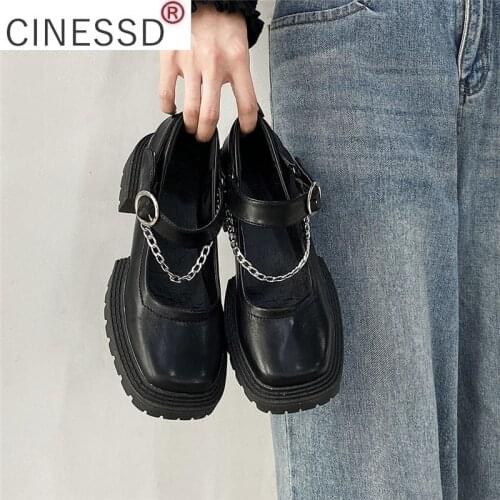 Womens Gothic Punk Chain Shoes Chunky Platform Wedges Square Toe Motorcycle Shoes Fashion Designer Black Leather Flats 2021 New
