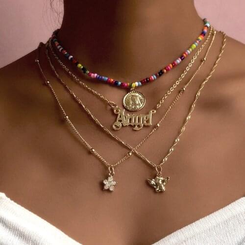 New Multilayer Handmade Beaded Portrait Letter Pendant Necklaces Femme Women Angel Crystal Flower Necklace Vintage Jewelry Gifts