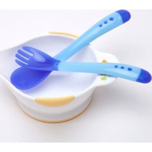 2pcs/set Infant Heat Sensing Thermal Feeding Spoon Baby Kids Weaning Silicone Head Tableware Set
