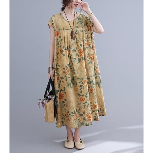 2021 Summer Sundress Holiday Beach Print Large Size Short-Sleeve Female Casual Loose Waist Maxic Long Dress