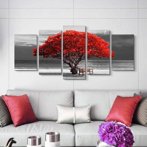 5 Panel Painting Print Painting Canvas Art Red Tree Scenery Modular Pictures Large Wall Pictures For Living Room