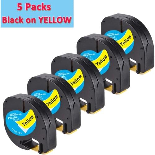 5 PACK Label World LT91202 Label ribbon Compatible for Dymo LT 12mm*4m Black on YELLOW Plastic Label Tapes LT91202 for LT-100H
