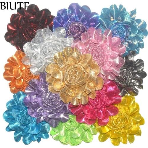 50pcs/lot 3.5'' Artificial Metallic Rolled Chiffon Flower Fashion Boutique Hair Accessories TH262