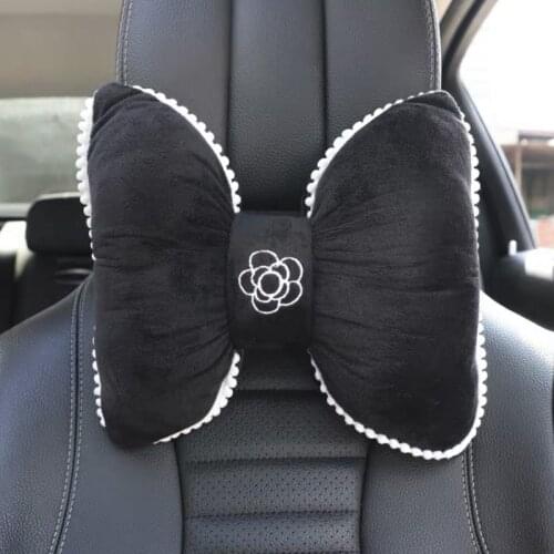 Bowknot Car Headrest Car Interior Accessories Camellia Black Headrest Child Adult Pillow Seat Support Headrest