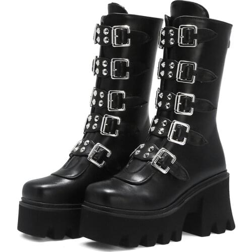 Winter Gothic Punk Women Platform Boots Black Buckle Strap Zipper Creeper Wedges Shoes Mid Calf Military Combat Boots Size 35-44