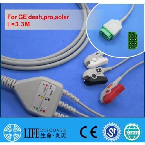 One piece ECG cable with 3 clip lead wires for GE dash2000,3000,4000,pro,solar patient monitor