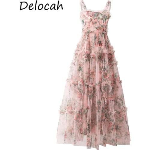 Delocah New 2021 Summer Women Fashion Runway Party Long Dress Sexy Spaghetti Strap Ruffles High Waist Floral Print Mesh Dresses
