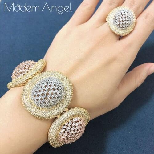 ModemAngel Luxury Brand Ladies Jewelry Gold White Color Cubic Zirconia Ring and Bracelet Sets for Women Wedding Party Jewelry