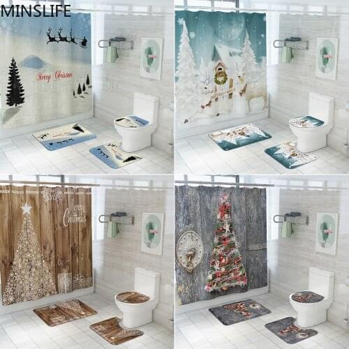 Beautiful Christmas Tree Print Shower Curtain Set with Anti Slip Toilet Mat Rug Carpet Bath Products Bathroom Home Holiday Decor