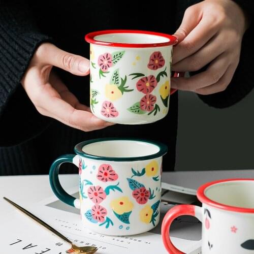 Nordic Retro Creative Mug Flower Pattern Imitation Enamel Breakfast Milk Cup Juice Cup Household Drinkware Office Coffee Cups