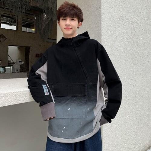 5XL-M Autumn Winter New Gradient Color Spliced Design Hooded Jacket Men Clothing Loose Casual Pullover Coats Sale