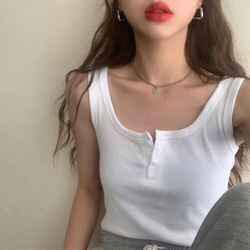 Summer white crop top women streetwear vintage tank tops women 2020 sexy top woman button up cute tops pink ribbed top black