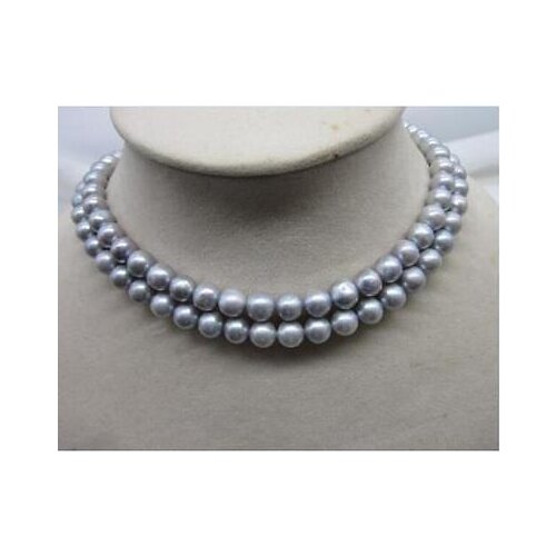 2 ROW NEW 8-9MM GRAY TAHITIAN PEARL NECKLACE 18-19''14k yellow GOLD CLAS