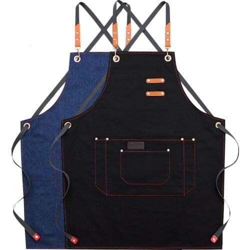 Solid Denim Cafe Shop Cooking Baking Pocket Coffee Pinafore House Cleaning Bibs Men Canvas Master Apron For Kitchen Accessories