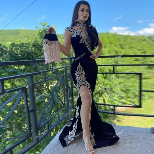 Glamorous Velvet Celebrity Evening Dresses Black Moroccan Kaftan Slit Prom Robe De Soiree Graduate Wedding Party Fiesta Plus