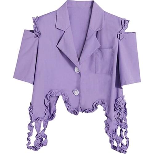 Right angle shoulder shirt off shoulder summer chic top irregular lace hollowed out short sleeve suit