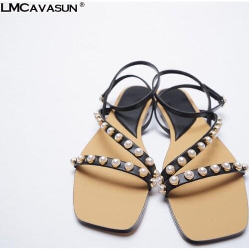 LMCAVASUN Black pearl Inlay Flat sandals
