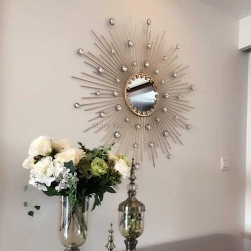 Modern Wrought Iron Decorative Mirror Wall Hanging Sun Crafts Decoration Home Livingroom Background Wall Sticker Mural Ornaments