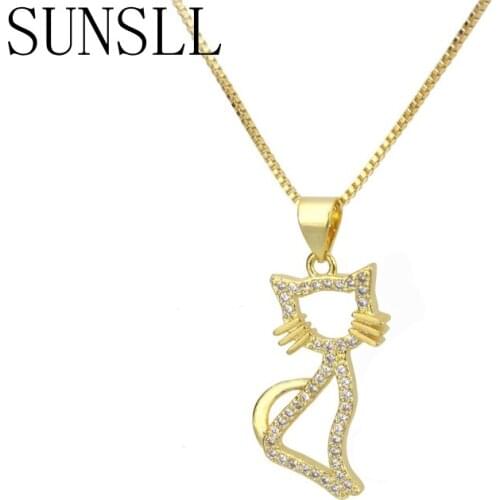 SUNSLL Gold/Silver Color Copper White Cubic Zirconia Tiny Simple Cute Cat Shape Pendant Necklace Jewelry for Women Gift Party