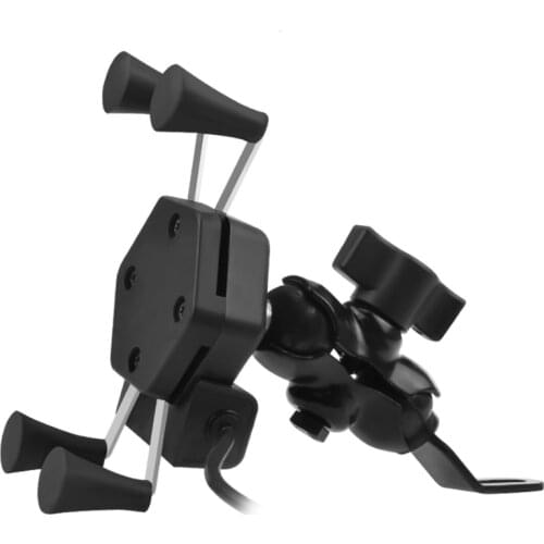 12V Universal Adjustable Motorcycle Rear View Mirror Holder Mobile Cell Phone GPS Mount Support With 2A USB Charger adapter port