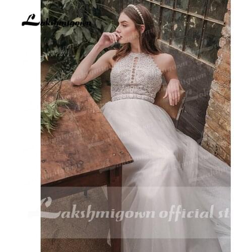 Vestido para boda playa Off the Shoulder Lace Tulle High Neck Backless Wedding Dresses with Back Bow Beach Boho Lakshmigown 2021