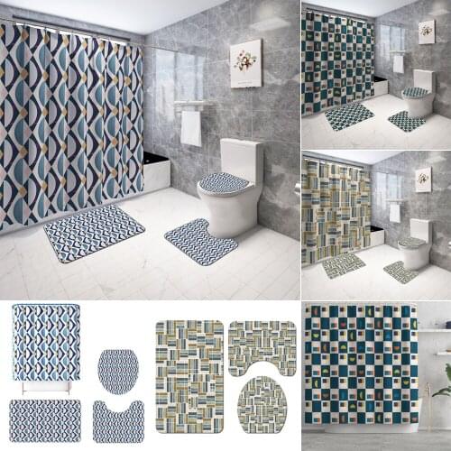High Quality Fabric Shower Curtains Wave Lattice Bathroom Curtain Anti Slip Pedestal Rug Lid Toilet Cover Bath Mat Home Decor