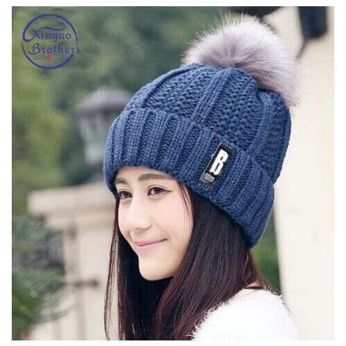 2019 New Letter B Knitted Hat Women Brand High Quality Winter Beanies Hat Women Girls Ski Fur Hat PomPoms Skullies Hat Cap