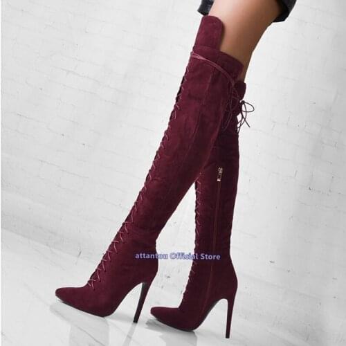 Red Black Beige Thin High Heeled Over The Knee Boots Woman Lace Up Solid Color Pointed Toe Winter Shoes Thigh High Slouch Bota