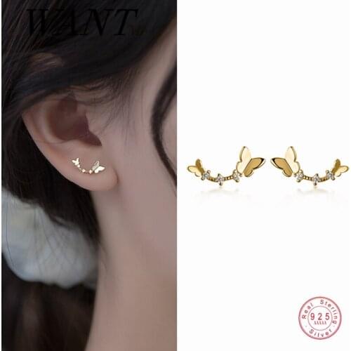 WANTME Genuine 925 Sterling Silver Korean Cute Sweet Butterfly Stud Earrings for Women Youth Office Insect Jewelry Accessories