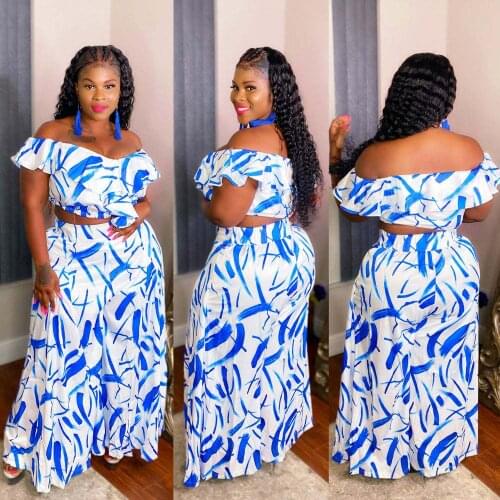 Plus Size 4XL 5XL 2 Piece Summer Outfit Women Off The Shoulder Tops + Wide Leg Pants Boho Printed Two Piece Sets Beach Wear