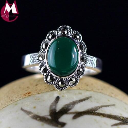 8mm Black/Green Agate Ring For Women Classic Jewelry 100% 925 Sterling Thai Silver Retro Zircon Geometry Ring Best Gifts SR74