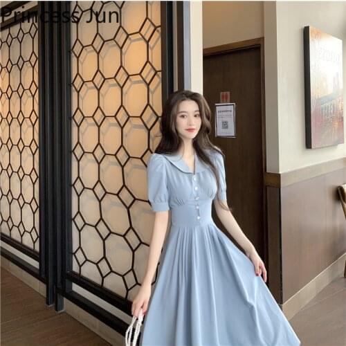 Retro French Women Hepburn Style Fairy Blue Dress Summer Puff Sleeve Dream Super Fairy Dress Slim High Waist Midi Holiday Dress