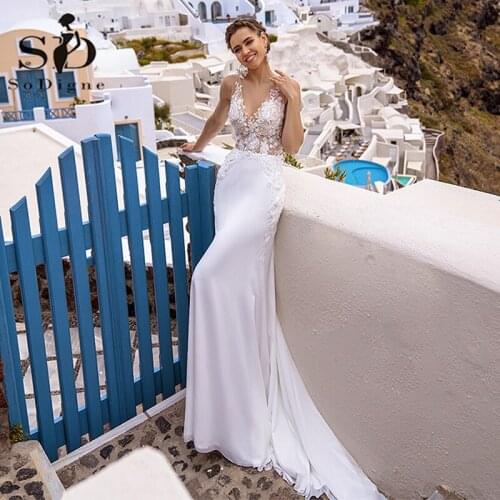 SoDigne Boho Wedding Dresses Sexy Sexy V-neck Sleeveless lace Applique Mermaid Bridal Wedding Gowns 2021 vestido de noiva