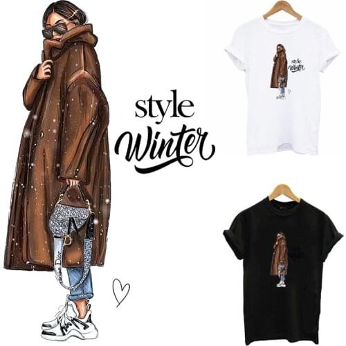 Winter Style Lady Iron On Transfer For Clothing Washable Women T-Shirt Hooides Patches Sticker For Clothing Fashion Patch Decor