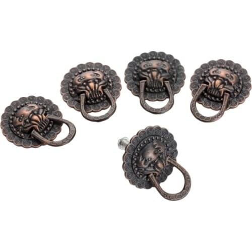 5Pcs 29*37mm Red Bronze Furniture Handles Lion Head Vintage Cabinet Knobs and Handles Cupboard Drawer Door Pull Ring Handle Knob