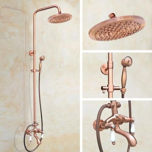 Antique Red Copper Brass Bathroom Shower Faucet Set Bathtub Shower Faucet Bath Shower Tap Rainfall Shower Head arg563