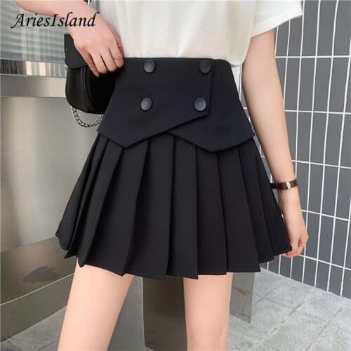 Harajuku Black High-waisted Buttons Pleated skirt Short Summer Casual Mini skirt Korean fashion Office All-match Woman clothes