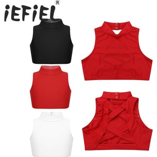 Girls Kids Ballet Tops Sleeveless Mock Neck Criss Cross Back Tanks Bra Tops Crop Top for Ballet Dance Stage Performance Workout