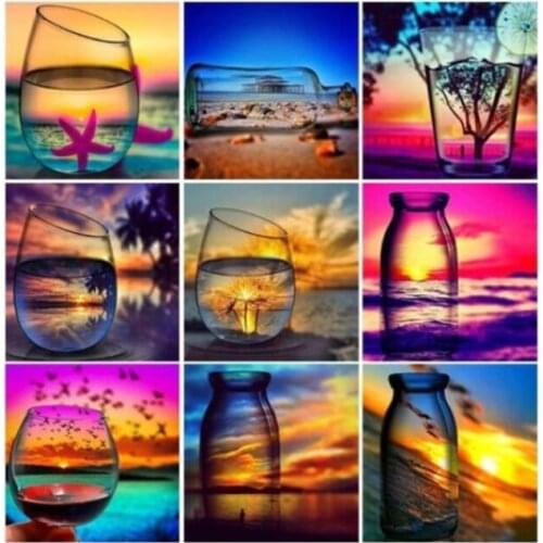 Sea Scenery Diamand Embroidery Painting Bottle Sun Diamond Mosaic Stone Wall Stickers Puzzle Picture Toy Diamond Dotz Large Size